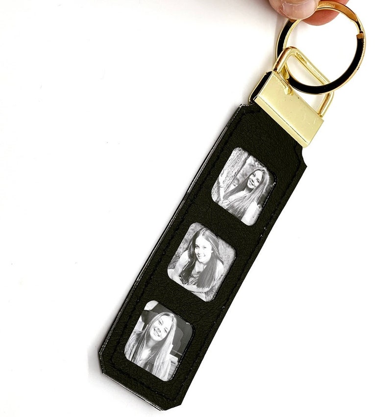 photo keychain personalized three of your images your memories. option to add name. faux leather key strap. black and white or color. image 2