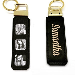 photo keychain personalized three of your images your memories. option to add name. faux leather key strap. black and white or color.