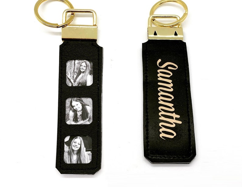 photo keychain personalized three of your images your memories. option to add name. faux leather key strap. black and white or color. image 1