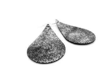 silver drop earrings. faux leather teardrop earrings lightweight stylish.