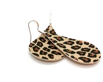 cheetah earrings. faux leather teardrop earrings dangle lightweight stylish.