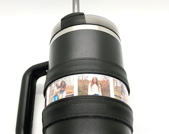 personalized tumbler sleeve photo reel style. custom wrap for your name brand Stanley cup.