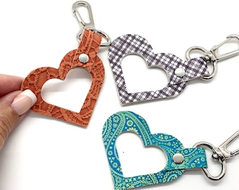 keychain. open heart zipper pull faux leather purse charm. purse accessory. zipper charm.