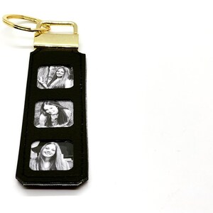 photo keychain personalized three of your images your memories. option to add name. faux leather key strap. black and white or color. image 9