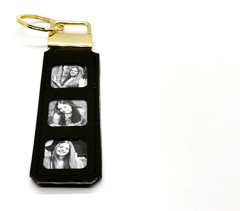 photo keychain personalized three of your images your memories. option to add name. faux leather key strap. black and white or color. image 9