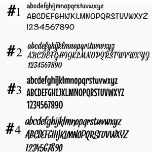 May include: Four different font styles are shown in black text on a white background. The font styles are labelled #1, #2, #3, and #4. Each font style shows the lowercase alphabet, uppercase alphabet, and the numbers 1 through 9.