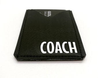 coach gift. personalized minimalist wallet. faux leather. gift card holder. two slots for credit cards.