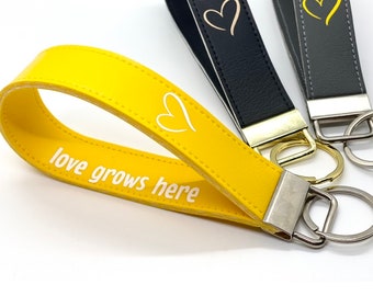 keychain wristlet heart embossed key fob faux leather. option to personalize Etsy Spring Look Book 2021 feature