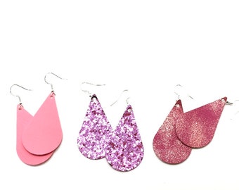 pink teardrop earrings three pairs. trending style accessory. lightweight faux leather earrings.