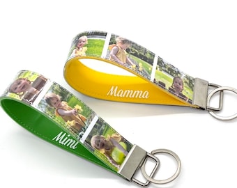 personalized photo keychain wristlet customize with six images. add name or custom saying. key lanyard.