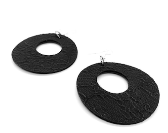 black lace earrings statement dangle earrings. lightweight stylish. modern hoop earrings.