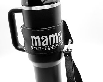 gift for mom personalized tumbler sleeves and keychain. fits name brand Stanley cups. customize mama, mom, mommy, mother, and kids names