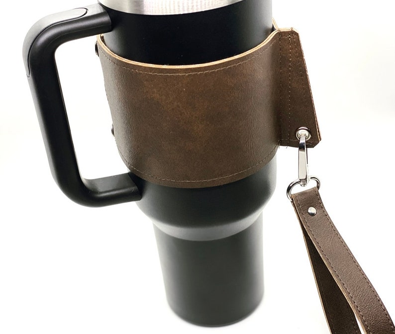 tumbler sleeves. Stanley accessory with keychain. faux leather insulated cup wrap. 30oz or 40oz size. image 2