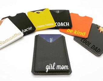 personalized card case minimalist wallet. faux leather. gift card holder. two slots for credit cards.