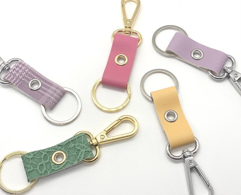 keychain clip and key ring. purse accessory zipper pull. faux leather silver or gold finish. image 3