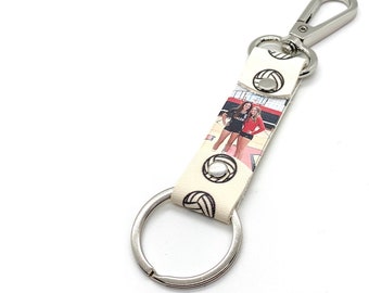 volleyball keychain personalized clip and key ring. picture keychain purse accessory zipper pull. faux leather silver finish.