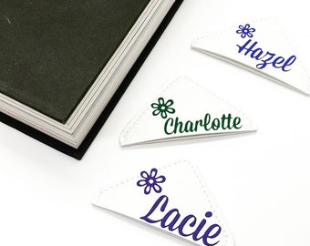 flower girl gifts personalized bookmark corner. name tag seat card. wedding.