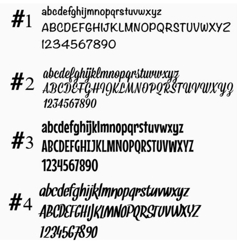 May include: Four different font styles are shown in black text on a white background. The font styles are labeled #1, #2, #3, and #4. Each font style shows the lowercase alphabet, uppercase alphabet, and the numbers 1 through 9.