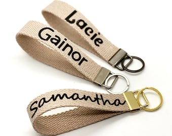 personalized canvas keychain wristlet. color choices available. hardware silver, gold, or gunmetal. name key lanyard.