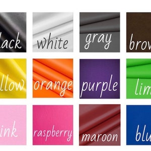 May include: A chart of 12 fabric swatches in different colors, including black, white, gray, brown, yellow, orange, purple, lime, pink, raspberry, maroon, and blue.