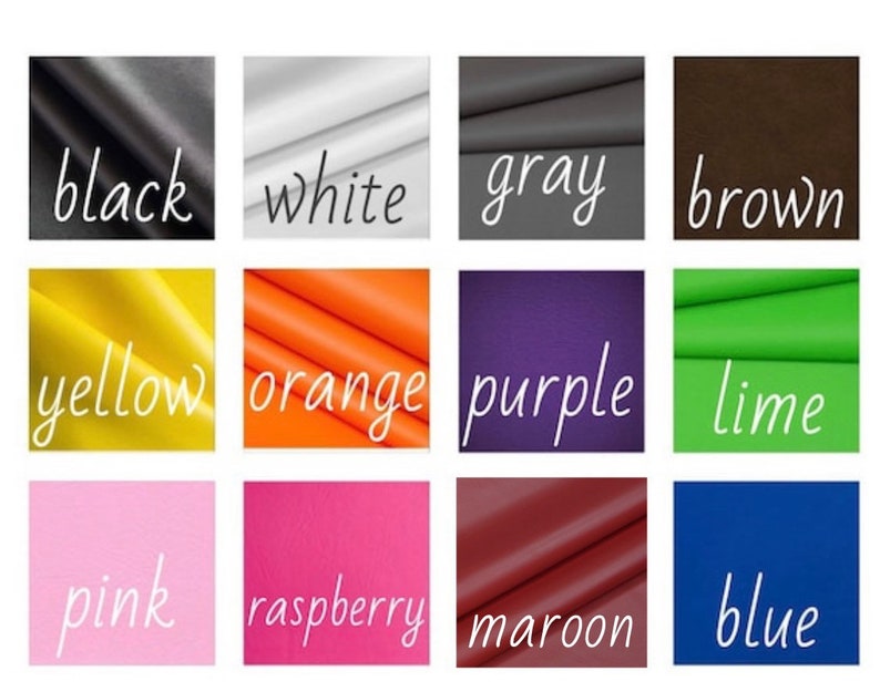May include: A chart of 12 fabric swatches in different colors, including black, white, gray, brown, yellow, orange, purple, lime, pink, raspberry, maroon, and blue.