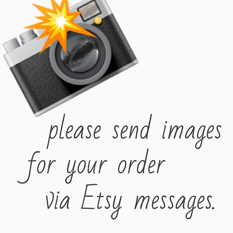 May include: A vintage camera with a flash going off, with the text "please send images for your order via Etsy messages."