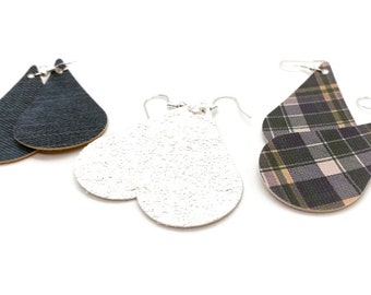 set of three casual style earrings tear drop faux leather denim, plaid, and glitter. lightweight trendy earrings.