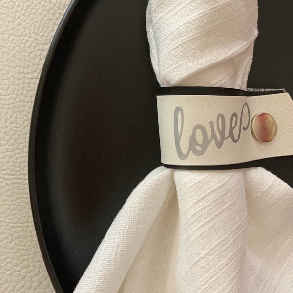 napkin rings customized love wedding table decor. faux leather. sold in sets.