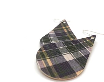 plaid leather earrings. faux leather tear drop earrings dangle lightweight stylish.