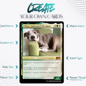 May include: Custom trading card featuring a Pit/Greyhound dog named Chloe. The card includes the text "Chloe, Lapbound Dreamer" and "Create Your Own Cards". The card has a green and gold color scheme with a power/toughness of 2/5.