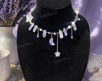Hemelse lavendelkwartsketting | Handgemaakte Fairycore-sieraden | Statement zeldzame cosplay-ketting | Witchy Coven-cadeau | Ren Faire