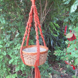 May include: A terracotta-colored macrame plant hanger with a woven basket hanging from it. The hanger is made of thick rope and has a tassel at the bottom. The basket is made of natural materials and has a light brown color.