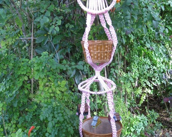 Pink 50 Inch DOUBLE Macrame Plant Hanger With Miniature Bird Houses & Movable Parts You Help Design The Planter