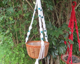 White 34 Inch Beads Macrame Plant Hanger