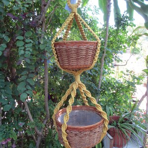 May include: Two brown wicker hanging plant baskets with yellow macrame rope. The baskets are hanging from a hook in a tree.