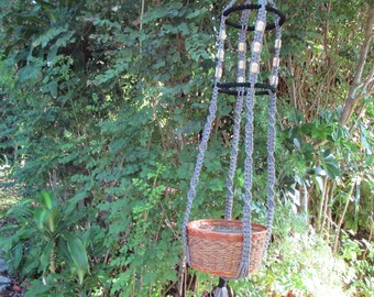 Smoke Gray Black 56 Inch Beads Macrame Plant Hanger