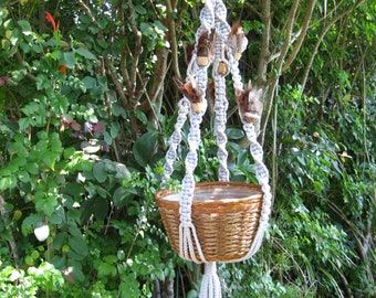 Silver Gray 35 Inch Mini Basket With Feathers Macrame Plant Hanger