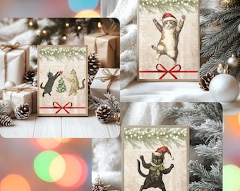 May include: Set of three Christmas greeting cards featuring cats. One card shows cats decorating a tree, and the other two show cats wearing Santa hats. Each card has a red ribbon and festive greenery.