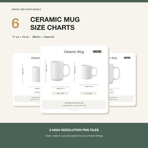 Puede incluir: Un paquete de tablas de tallas digitales para tazas de cerámica con 6 archivos PNG de alta resolución. Las tablas muestran tazas blancas con dimensiones en cm y litros, incluyendo capacidades de 11 oz y 15 oz, con texto sobre seguridad en lavavajillas.