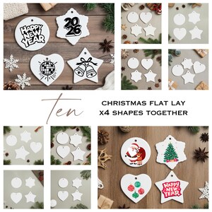 Mockup-paket med stjärnornament, 10 keramiska julgransprydnader platt lay, hjärtformade runda julgransmotiv för POD