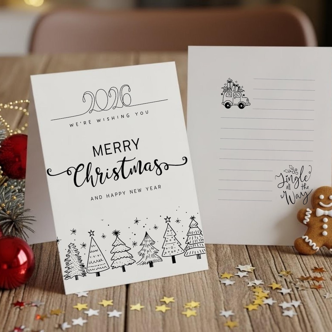 Minimalist Christmas Cards 2026 Set 8 Printable Holiday Cards Front Boxed Christmas Cards 2026
