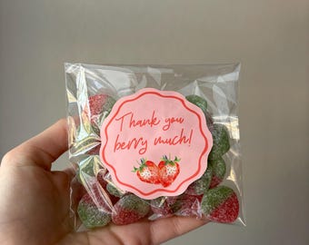 Bolsas de regalo de fresa / Pegatinas de agradecimiento, primer cumpleaños de bayas