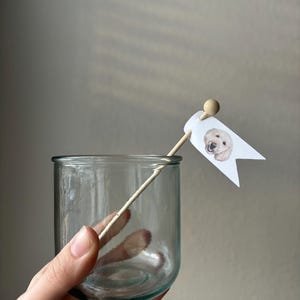 May include: A clear glass jar held by a hand, with a small white flag featuring a watercolour illustration of a golden retriever dog. The flag is attached to a wooden stick.