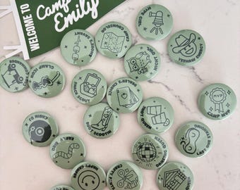 Camp Bachelorette Buttons | Merit Badge Pins, Party Favors
