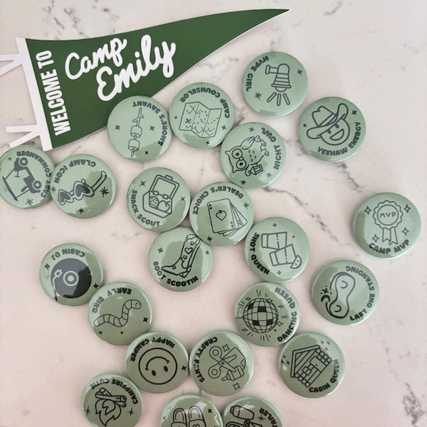 Camp Bachelorette Buttons | Merit Badge Pins, Party Favors