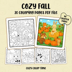 Könnte beinhalten: Eine digitale PDF-Datei mit dem Titel "Cozy Fall" mit 20 Ausmalbildern. Das Bild zeigt Illustrationen von Waldtieren, Kürbissen und Herbstszenen. Der Satz "Cozy Color Time" ist ebenfalls sichtbar.