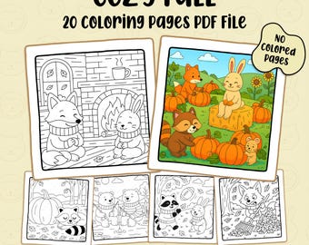 20 Fall Coloring Pages | Cozy Autumn Critters & Scenes for Kids and Adults, Halloween Thanksgiving Coloring Book, Easy Kawaii Designs