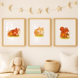 Woodland Animals Nursery Art Prints: Fox, Deer, Squirrel (Digital Download)