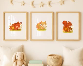 Woodland Animals Nursery Art Prints: Fox, Deer, Squirrel (Digital Download)