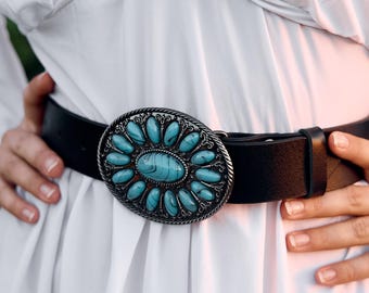 Western Turquoise Concho Belt Black Silver Cowgirl NWT Buy Western Belt Double Buckle - Turquoise Concho - Capo Pelle main image 2